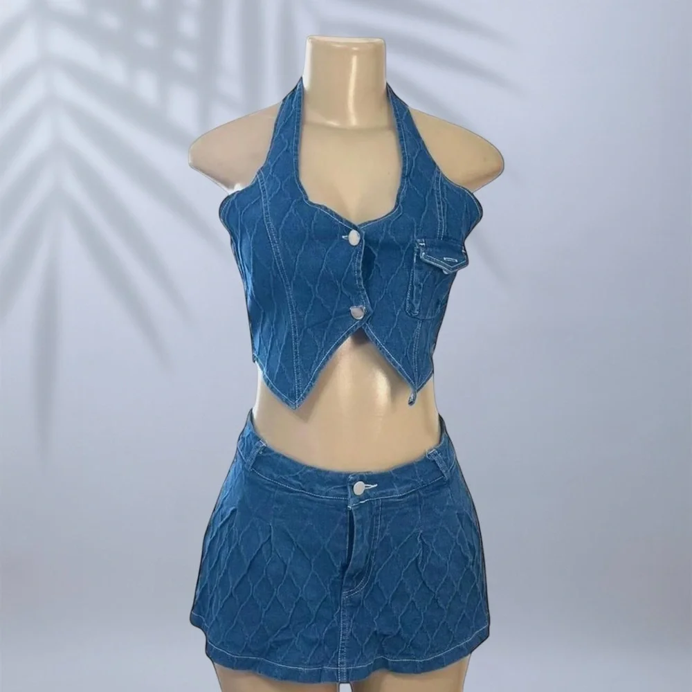 Denim Halter V-Neck Vest and Pleated Mini Skirt 2-Piece Set ✧ M - Picture 2 of 6